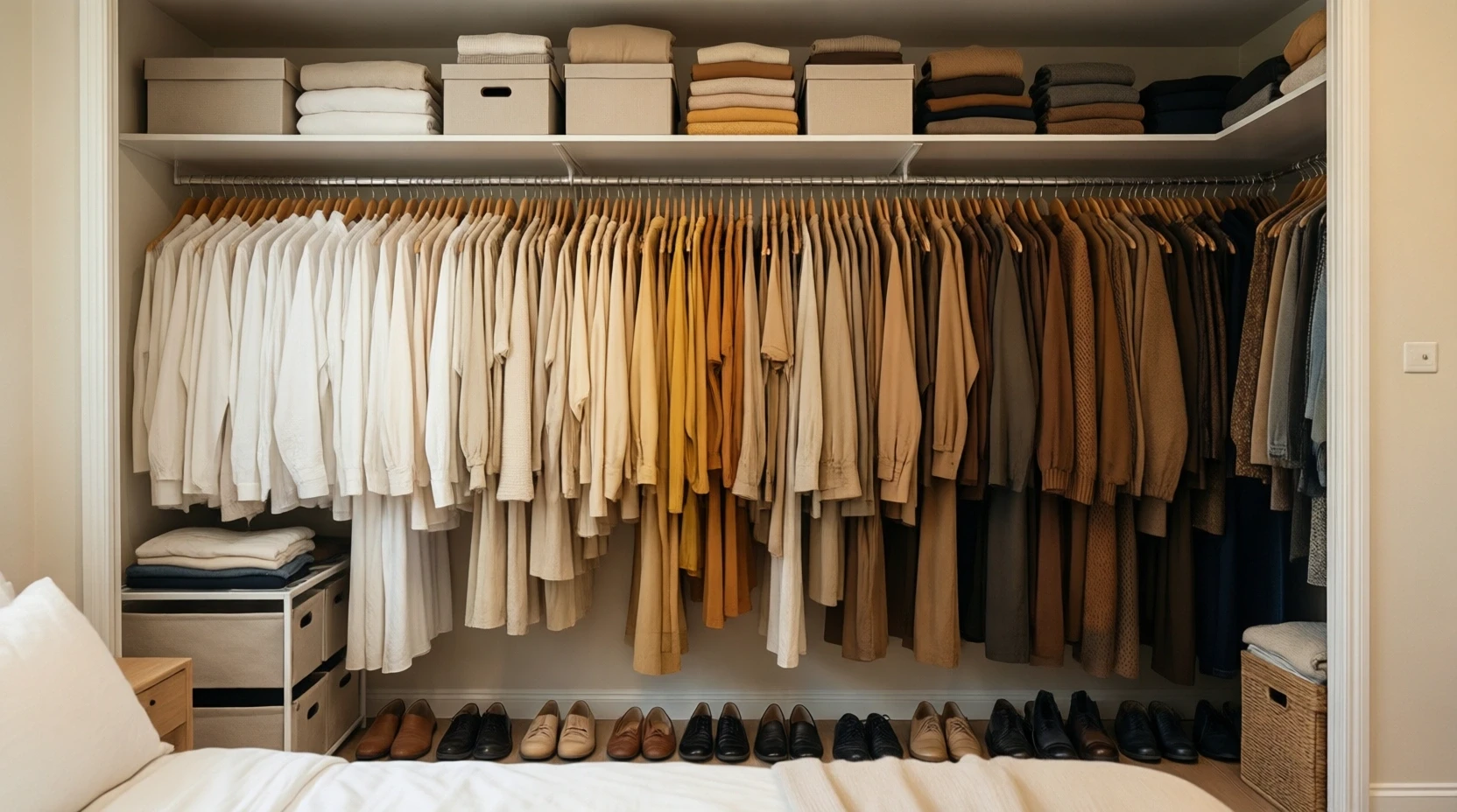 Intérieur de placard de chambre parfaitement rangé par couleurs