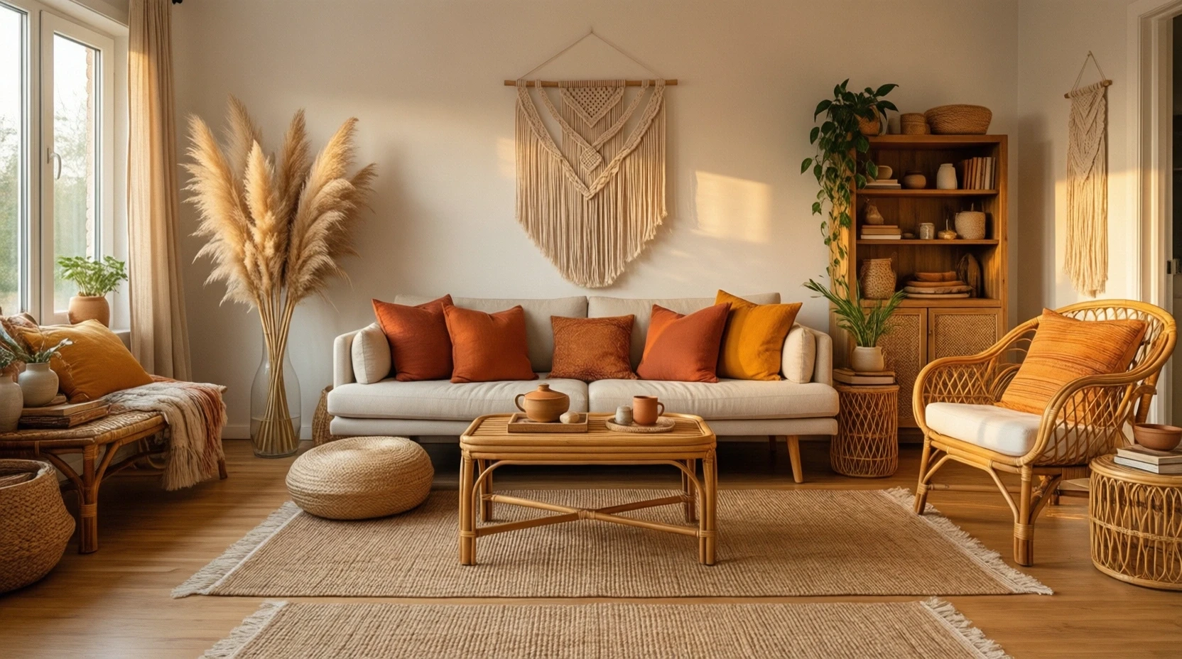 Vue d'ensemble d'un salon bohème chic parfaitement ordonné
