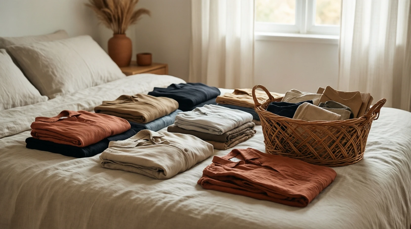 Désencombrement d'un espace — tri de vêtements et objets sur un lit en lin