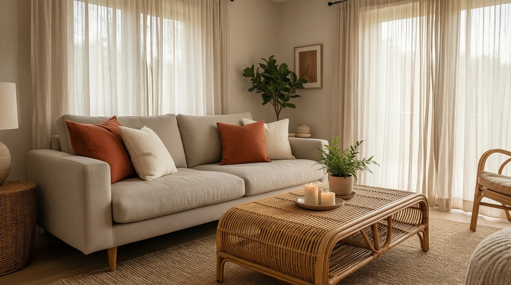 Salon mis en valeur pour une vente immobilière, style bohème chic