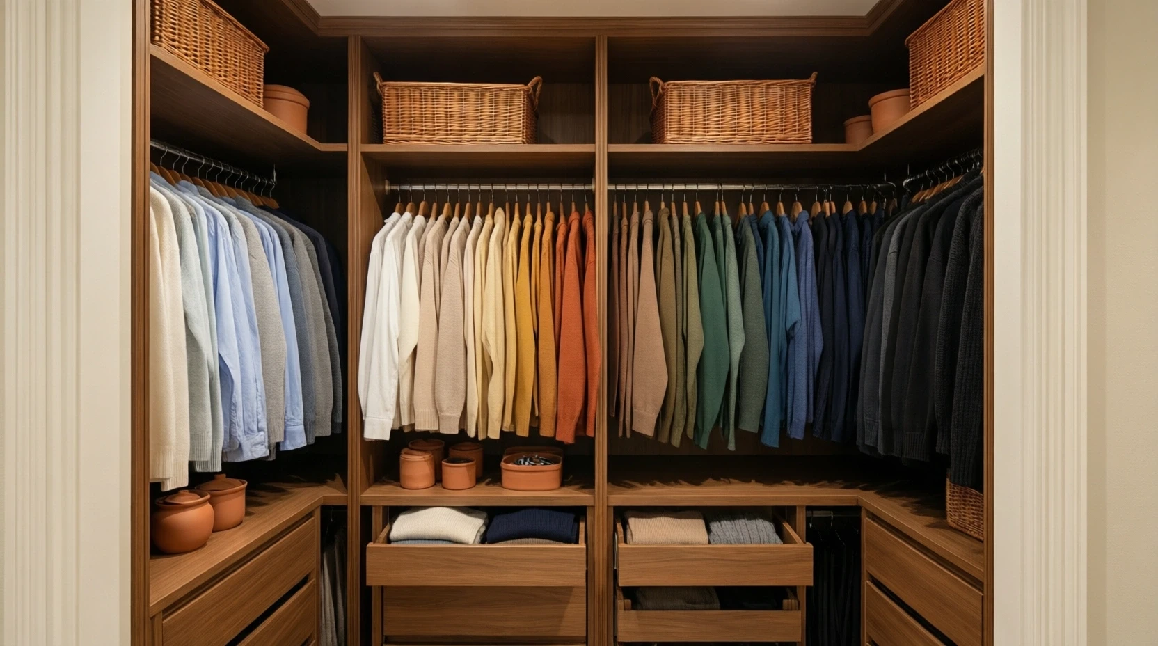 Système de rangement sur mesure dans un dressing avec boîtes et paniers en rotin